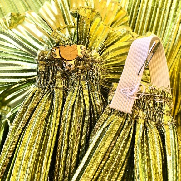 Vintage 80's Metallic Peridot Accordian Pleats Evening Blouse Belt Flower - Picture 14 of 14